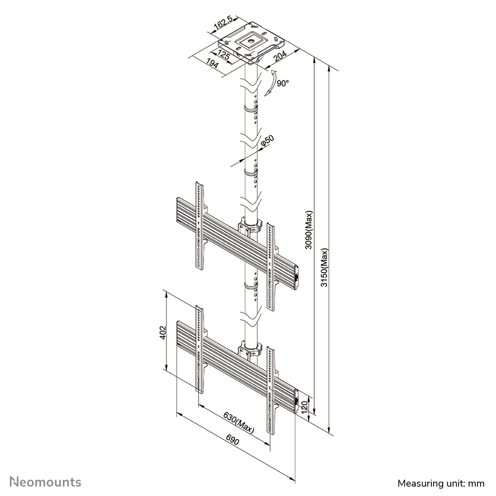 Neomounts NMPRO-C12 Supporto a soffitto per videowall 32-65" - alt. 325 cm - installazione verticale